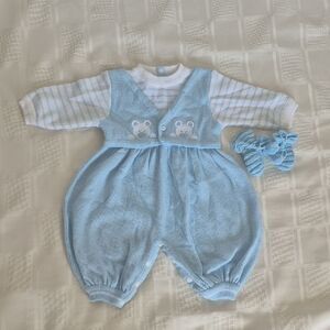 Charming Blue Baby Footie with Bear Embroidery